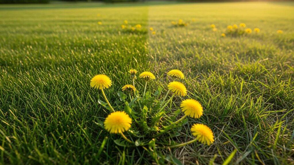 healthy-lawn-with-contrasting-patch-showing-dandelions-and-crabgrass-highlighting-weed-infestation-signs-in-calgarys-climate-33561503-fd8f-4c80-bd78-c7507cbfa03b